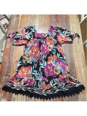 Rapsodia Mini Dress Small Square Neck Mixed Print Crochet Lace
